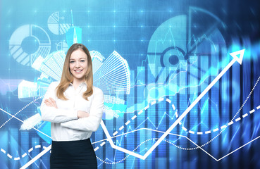 A beautiful business lady with crossed hands is going to provide financial services. Financial...