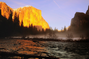 Sunset from Merced River with El Capital, Half Dome at Yosemite National Park