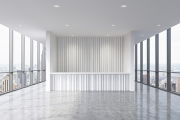 A reception area in a modern bright clean office interior. Huge panoramic windows with New York view. A concept of boutique consulting services. 3D rendering.