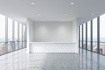 A reception area in a modern bright clean office interior. Huge panoramic windows with New York view. A concept of boutique consulting services. 3D rendering.