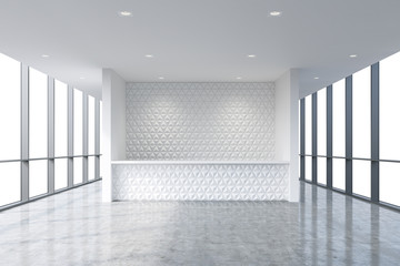 Fototapeta premium A reception area in a modern bright clean office interior. Huge panoramic windows with white copy space. A concept of boutique consulting services. 3D rendering.
