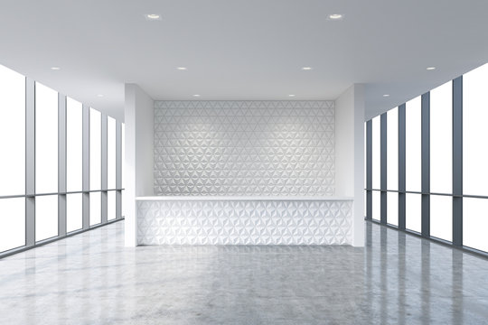 A reception area in a modern bright clean office interior. Huge panoramic windows with white copy space. A concept of boutique consulting services. 3D rendering.
