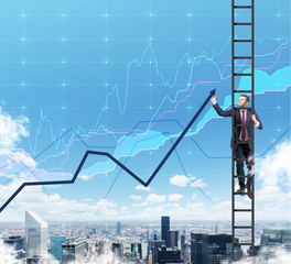A businessman in a ladder is drawing a line chart as a summation of the finance tendencies. A...