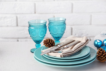 Decorated Christmas table setting. Christmas menu concept