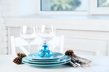 Decorated Christmas table setting. Christmas menu concept