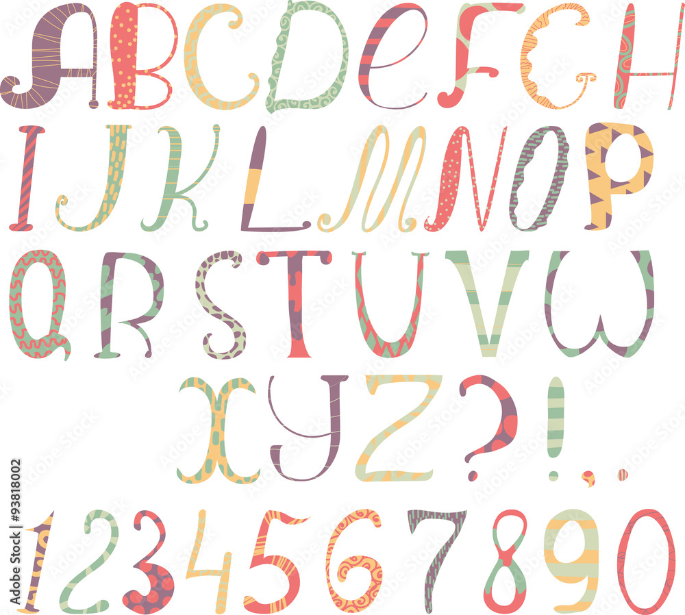 Poster vector set of funny alphabet with punctuation marks and numbers. large illustration. colorful, textu