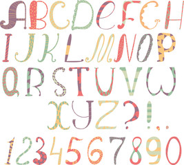 Vector set of funny alphabet with punctuation marks and numbers. Large illustration. Colorful, textured, childish.
