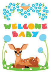 Welcome baby card. Vector illustration of cute cartoon baby deer.