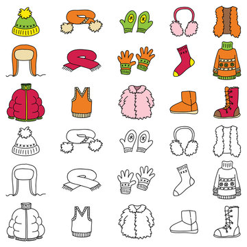 Set of winter clothing icons. Vector doodle illustration.