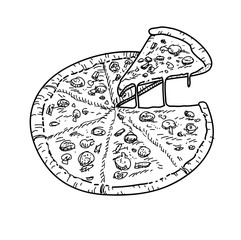 Pizza Vector, a hand drawn vector doodle illustration of a full pan of pizza.