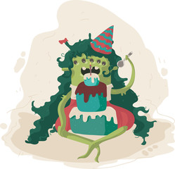 Little funny vector monster alone eating cake. Illustration, isolated on white, colorful, cute, childish.