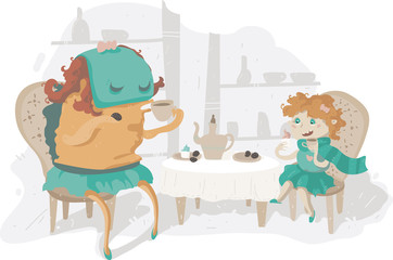 Tea party with monster and girl, eating sweets, drinking tea. Vector horizontal illustration.