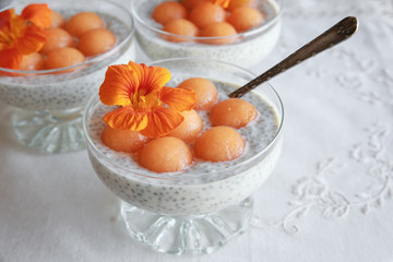 Chia seeds pudding with Cantaloupe balls