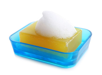 Soap with foam isolated on white
