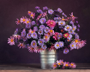 Autumn still life with a bouquet of chrysanthemums