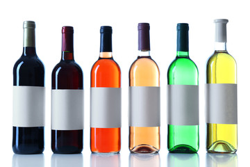 wine bottles in a row isolated on white background