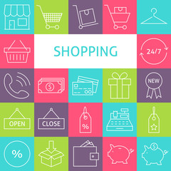 Vector Line Art Modern Shopping and Retail Icons Set