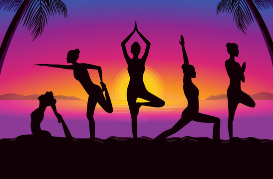 Woman group posing in yoga posture in seaside at the sunset time