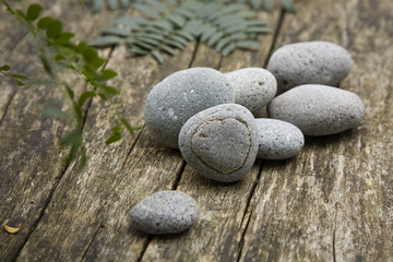 Fototapeta na wymiar Cluster of pebbles on weathered wood, heart, green leafs.