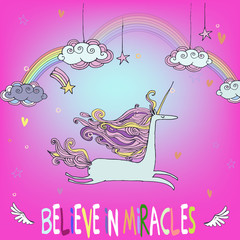 cute unicorn with rainbow and cartoon clouds