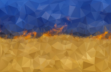 Polygonal background, stylized Ukrainian flag that separates the line of fire. The image symbolizes the war in Ukraine