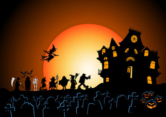 halloween costumes with cemetery haunted house and pumpkins on dark sky