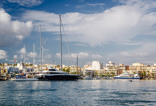 Moored vessels in the port of Ibiza, Balearic Islands. Spain