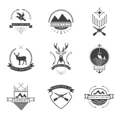 Set of  hunting, camping, fishing, armory and shooter's logo, em