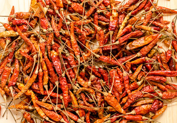 Dried chili peppers background.  Thai food seasoning. Close up a