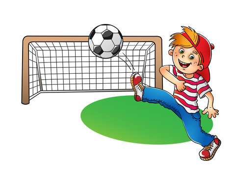  Boy in a red cap kicking a soccer ball