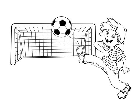 Coloring Page Outline Of A  Boy kicking a soccer ball