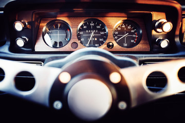 View on a dashboard of a classic 70s car