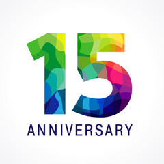 15 anniversary color logo. The bright faceted logotype of 15th birthday. - obrazy, fototapety, plakaty