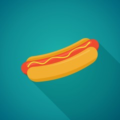 Hot Dog with shadow in flat style. Vector