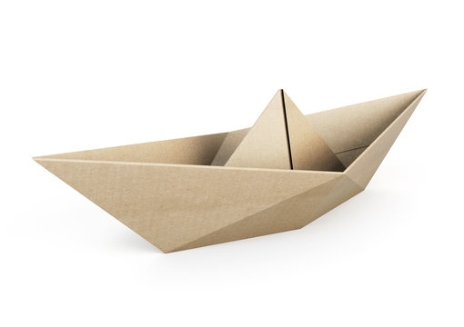 Origami boat out recycle paper on white background