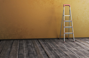 Stepladder near the wall on old wooden the floor
