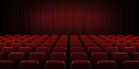Closed theater red curtains and seats. 3d.