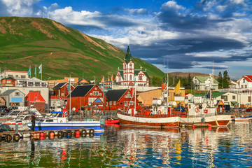 Historic town of Husavik at sunset, Iceland - 93834276