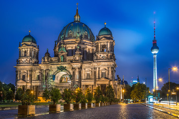 Fototapeta na wymiar Berlin Cathedral with TV tower at night, Germany