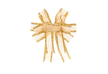 Shiny gold ribbon on white background with copy space.