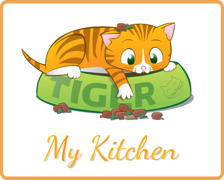 gattino tigrato rosso nella sua ciotola con cibo per gatti