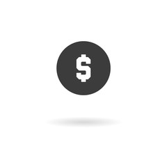Dark grey icon for dollar coin on white background with shadow