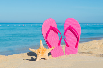 Fototapeta na wymiar Travel by sea. Beach vacation. Pink flip-flops and starfish on sandy seashore.