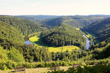 Elevated view from famous panoramic viewpoint of beautiful Giant's tomb lying inside the bend of the river Semois located nearby the city of Bouillon, Wallonia, Ardennes, Belgium.