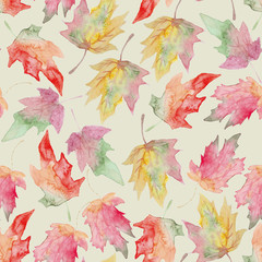 Fototapeta na wymiar Watercolor maple autumn leaf seamless pattern