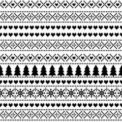 Seamless Christmas pattern, card - Scandinavian sweater style. Simple Christmas background - Xmas trees, hearts and snowflakes. Black and white vector design for winter holidays.