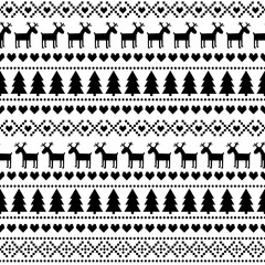 Black and white seamless Christmas pattern, card - Scandinavian sweater style. Cute Christmas background - Xmas trees, deers, hearts and snowflakes. Happy New Year background. - 93842628