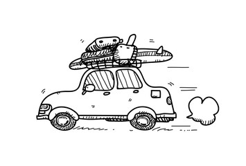 Car Doodle, a hand drawn vector doodle illustration of a car with lots of luggage and a surfboard on top of it.