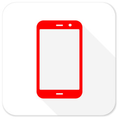 smartphone red flat icon with long shadow on white background