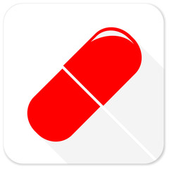drugs red flat icon with long shadow on white background